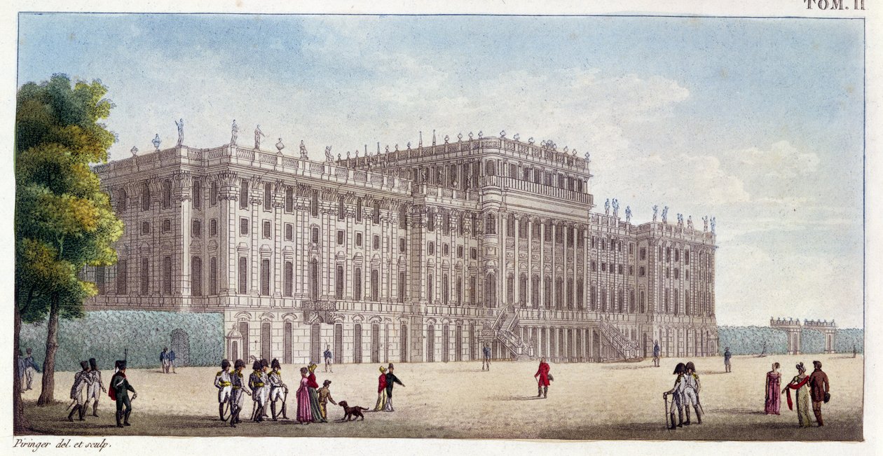 Utsikt over Schönbrunn-palasset sett fra hagene, tidlig på 1800-tallet av Benedict or Benedikt Piringer