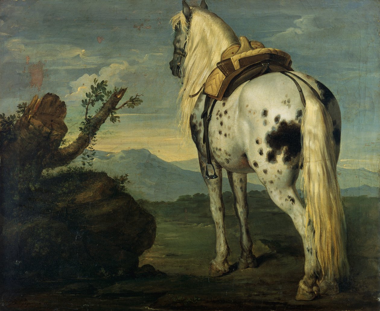 En Selle Français-hest i et landskap av Benigne Gagnereaux