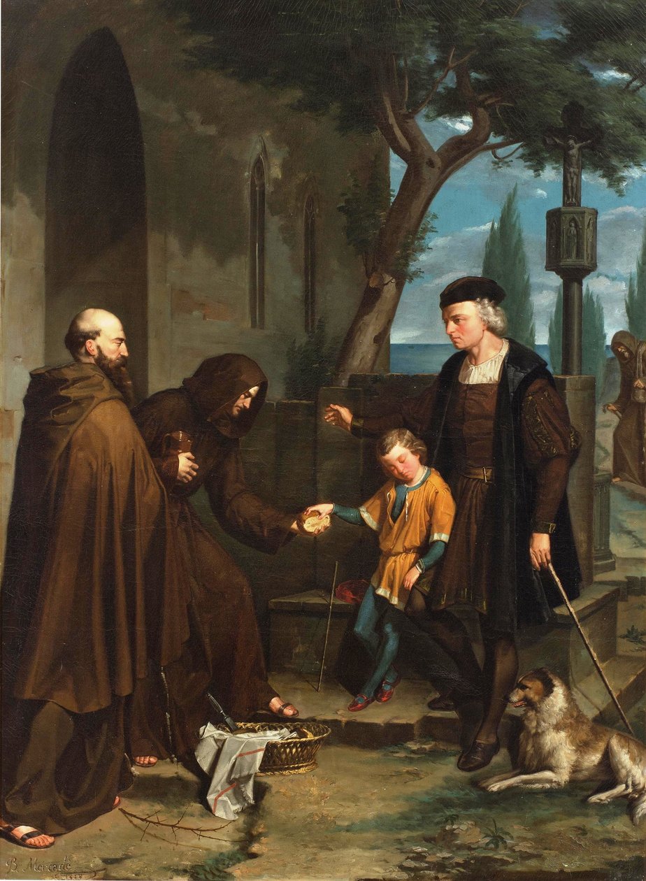 Columbus ved dørene til klosteret Santa Maria de la Rabida ber om brød og vann til sønnen sin, 1858 av Benito Mercade y Fabregas