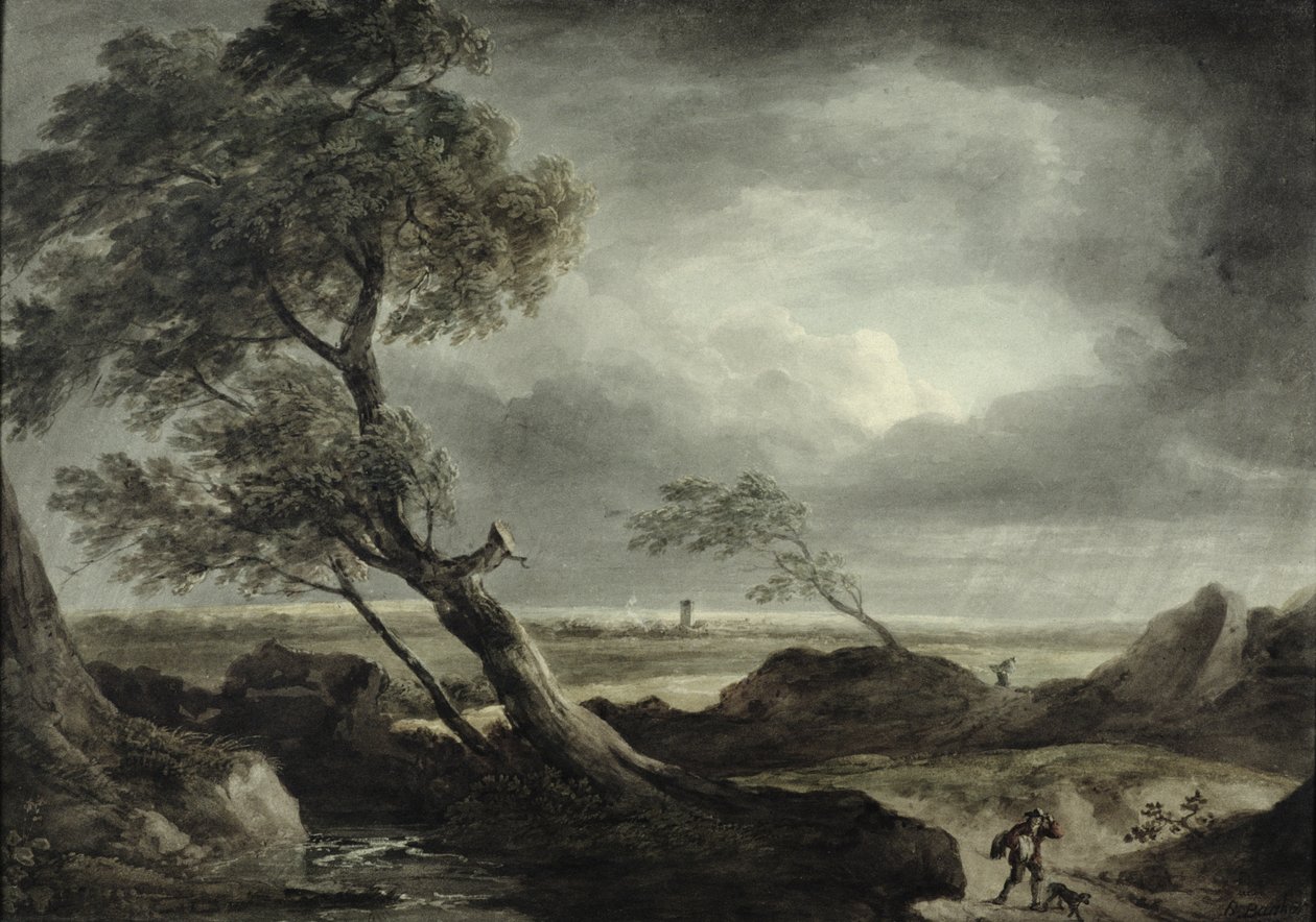 Landskap med landsby: Stormeffekt av Benjamin Barker