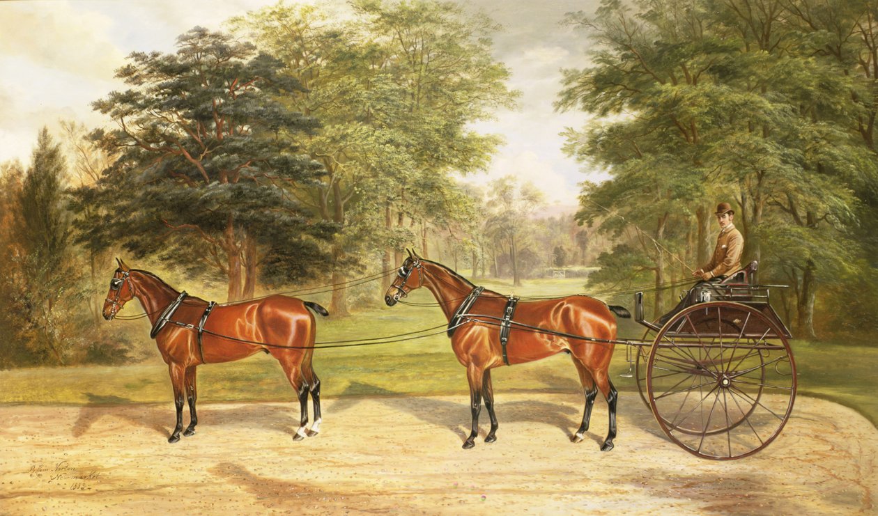To hester, selet i tandem, trekker en vogn, 1883 av Benjamin Cam Norton