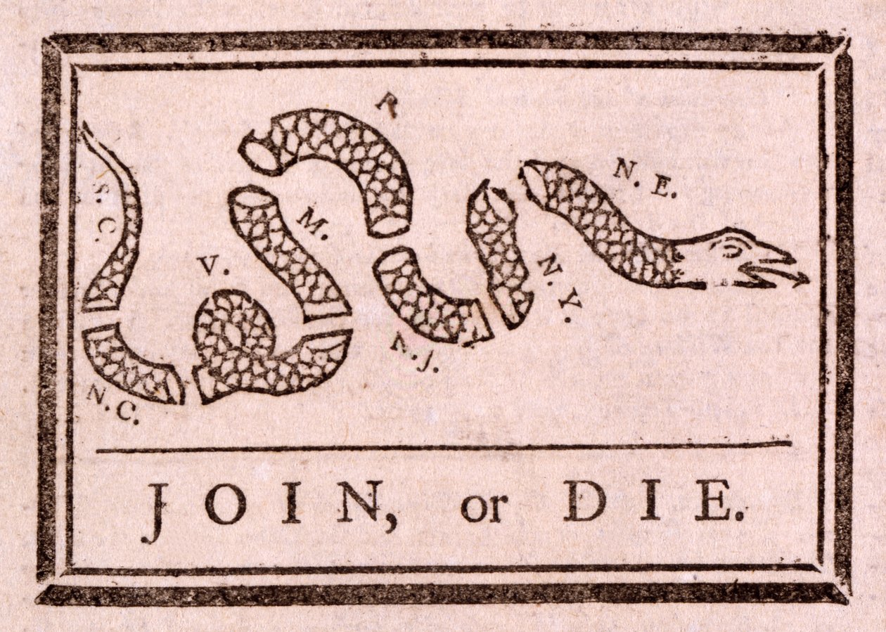 Bli med, eller dø, pub. 1754 av Benjamin Franklin