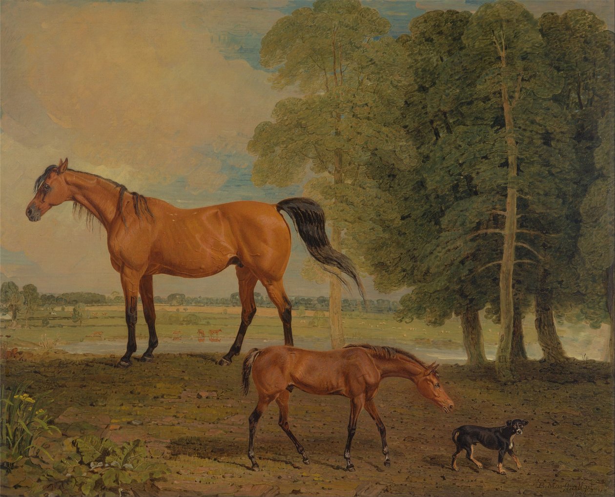 Broodmare med føll og en terrier av Benjamin Marshall