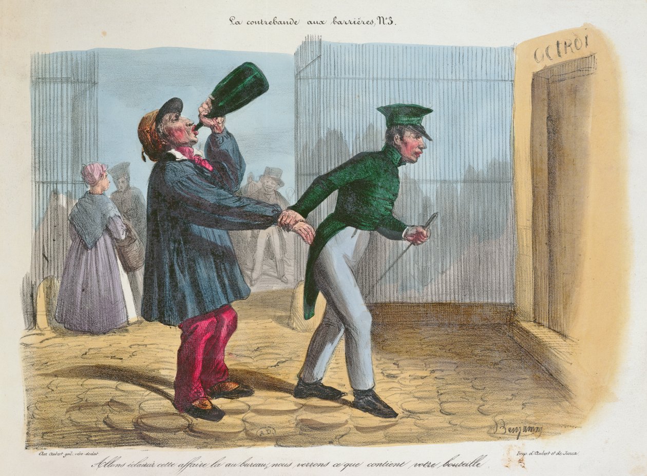 Oppdagelse av Contreband ved tollbarrieren ved inngangen til Paris, ca. 1840 av Benjamin Roubaud