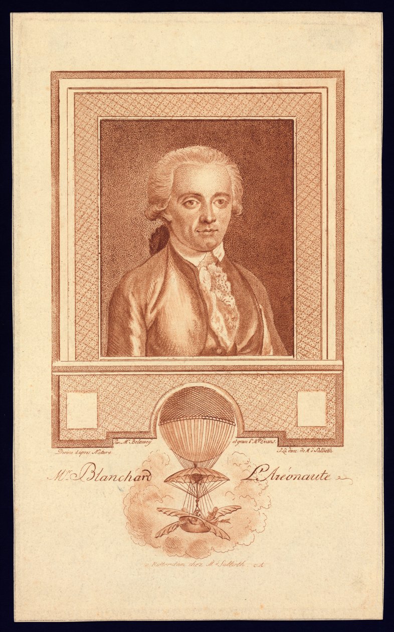 Mr. Blanchard, Aeronaut, c.1780-1800 stippelgravering av Benjamin Samuel Bolomey