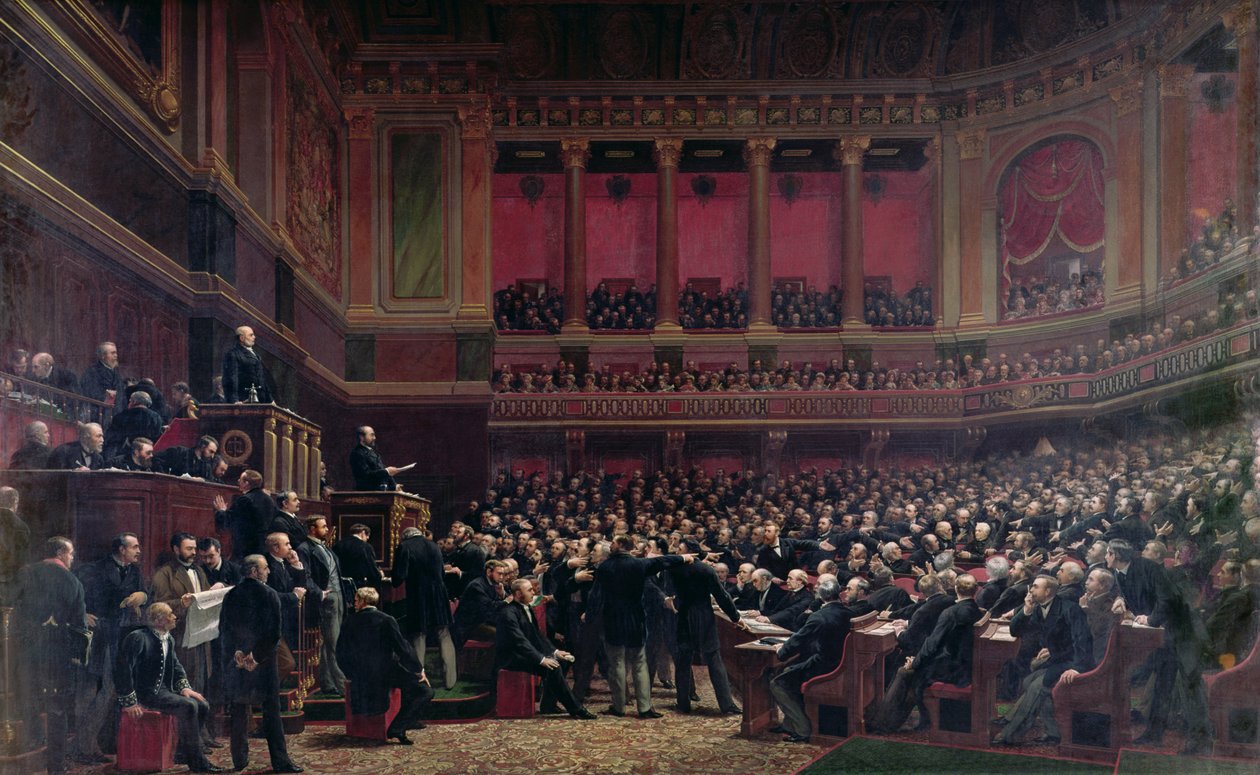 Louis Adolphe Thiers (1797-1877) hyllet av varamedlemmene under et møte, 16. juni 1877, ca. 1878 av Benjamin Ulmann