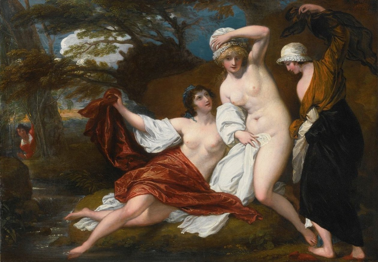 Musidora og hennes to ledsagere, Sacharissa og Amoret, på Deres bad spidd av Damonn av Benjamin West