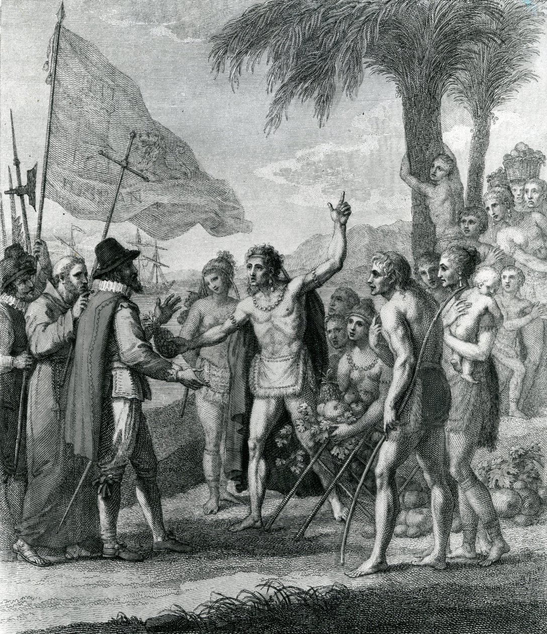 En indisk Cacique på øya Cuba som henvender seg til Columbus (1451-1500) angående en fremtidig stat, frontispice til 