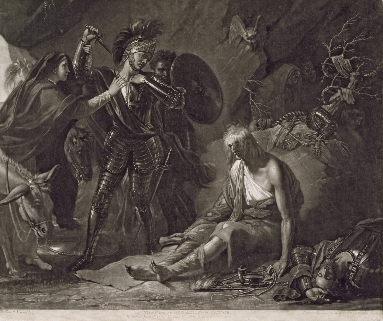 The Cave of Despair, fra Spenser, gravert av Valentine Green (1739-1813) 1775 (mezzotint) av Benjamin West