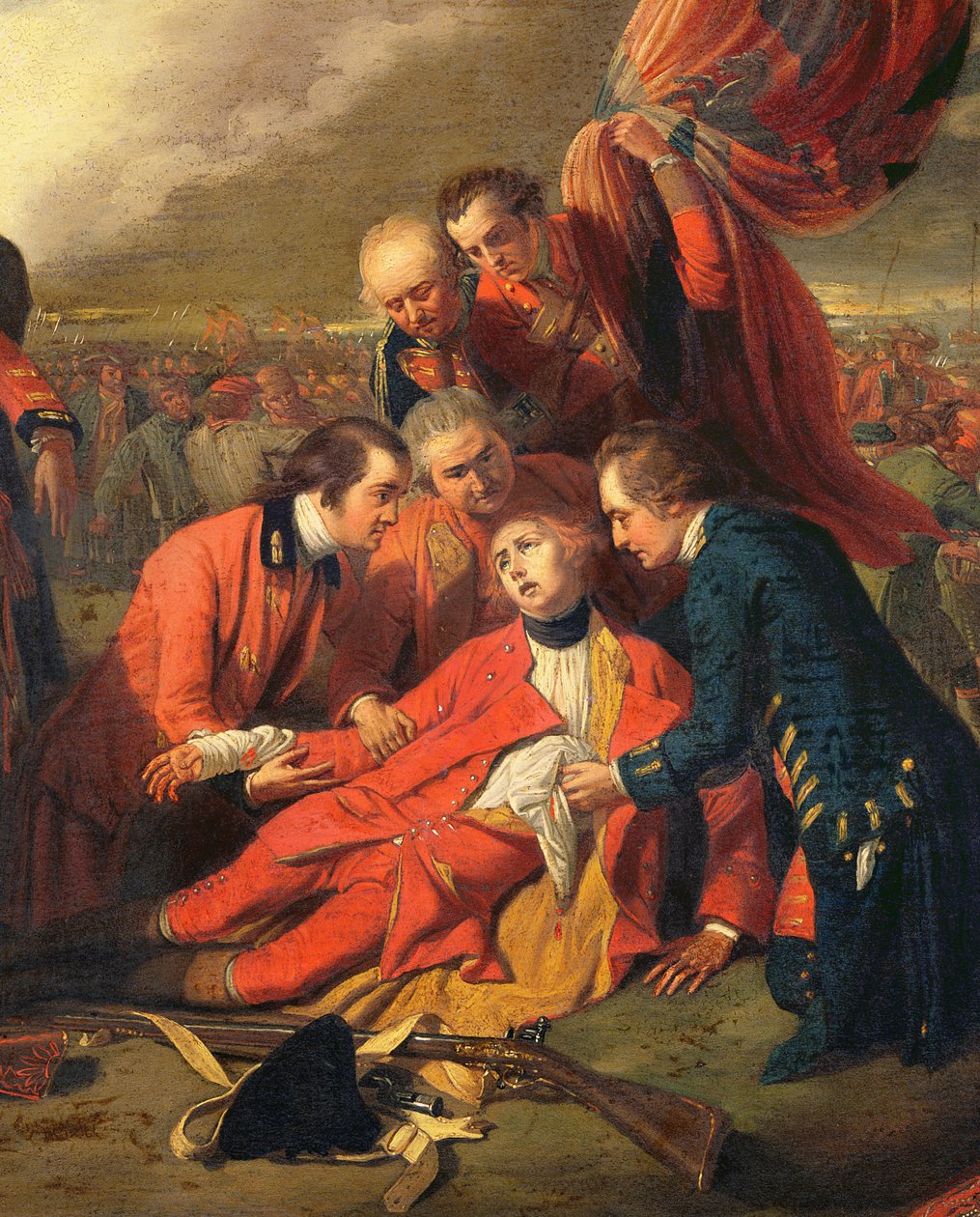 The Death of General Wolfe 1727-59, c.1771 olje på paneldetalj av 153197 av Benjamin West