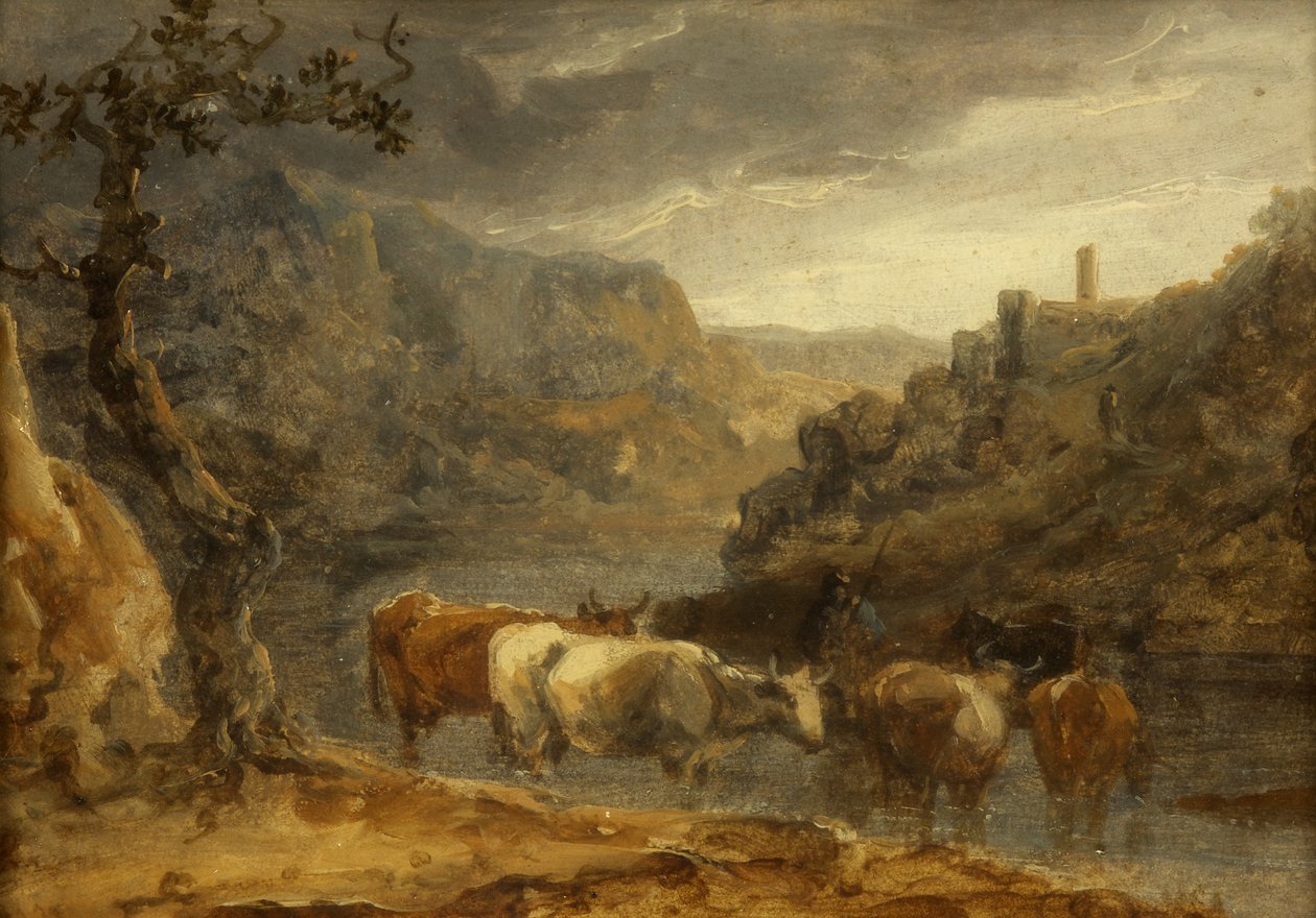 Landskap med storfe (olje på papir) av Benjamin Barker