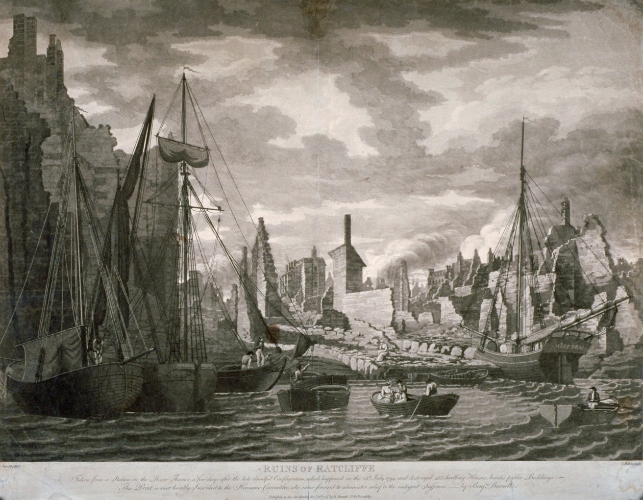 Utsikt over Ratcliffe-området, London, som viser ruinene etter brannen 23. juli, 1794 av Benjamin Burnell