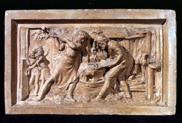 Menn som jobber ved en ambolt, plakett (terrakotta) av Benjamin Creswick