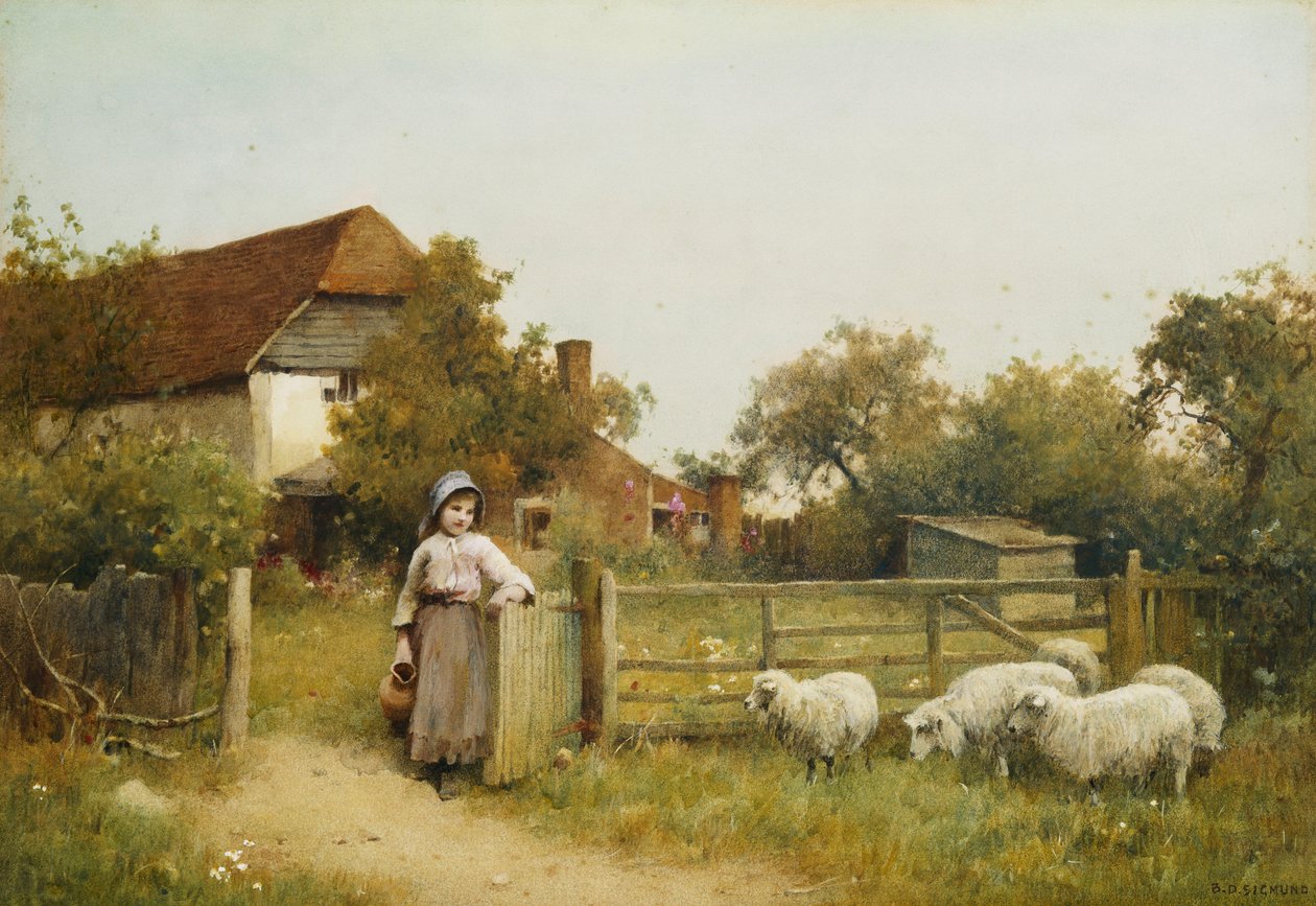 Ung jente med sauer, ved en hytte av Benjamin D. Sigmund