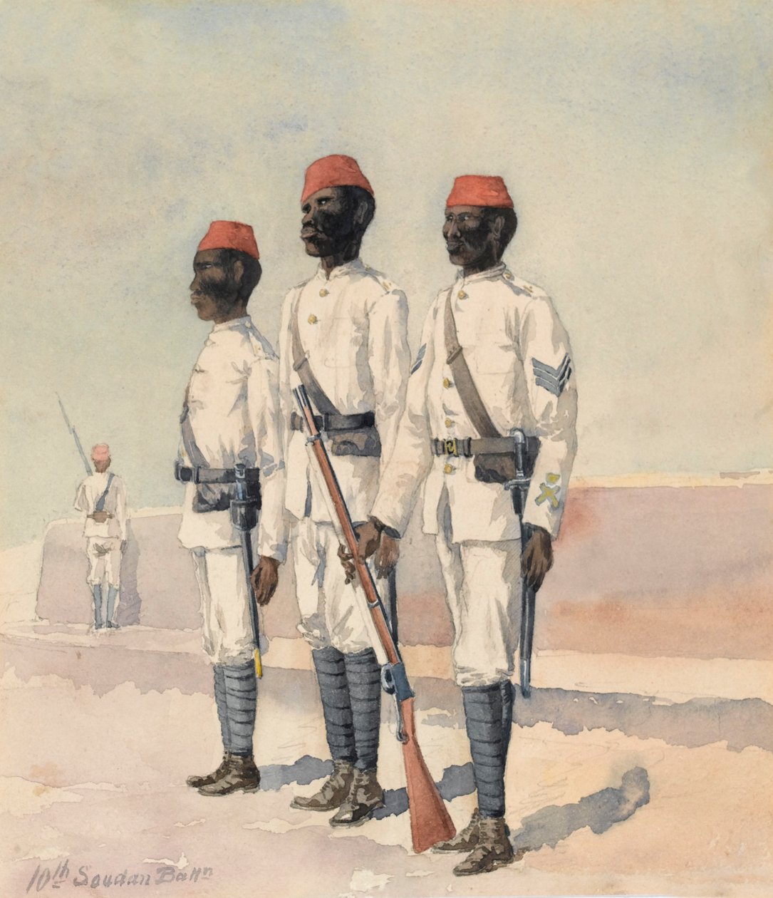 Sersjant og to andre ranger fra den 10. sudanesiske bataljonen, ca. 1889 (akvarell) av Benjamin Donisthorpe Alsop Donne