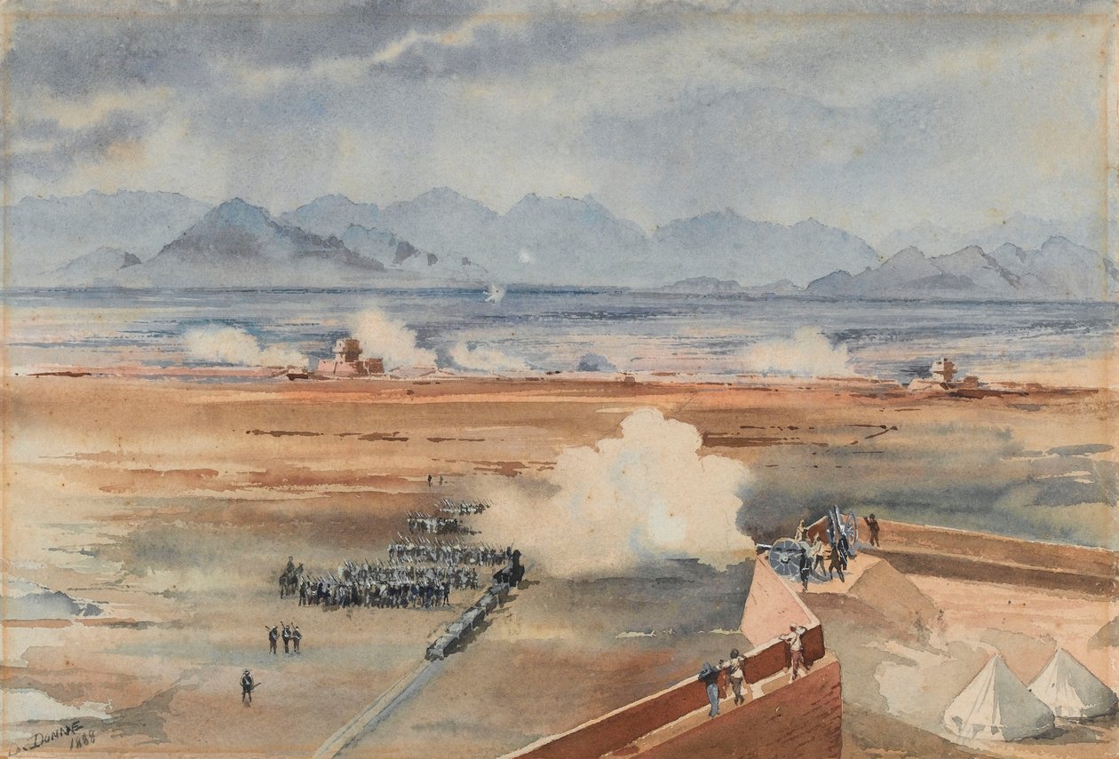 Sorte sudanesiske tropper fra den anglo-egyptiske garnisonen før den vellykkede aksjonen mot dervisjene i Gemazih, Suakin, 20. desember 1888 (akvarell) av Benjamin Donisthorpe Alsop Donne