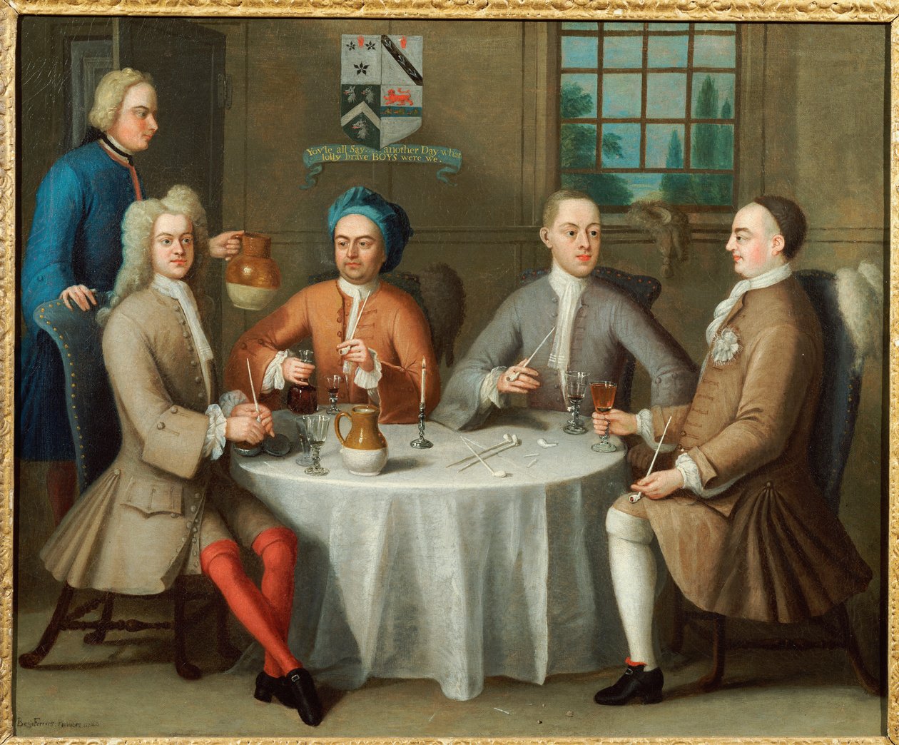 Et gruppeportrett av Sir Thomas Sebright, Sir John Bland og to venner, 1723 av Benjamin Ferrers