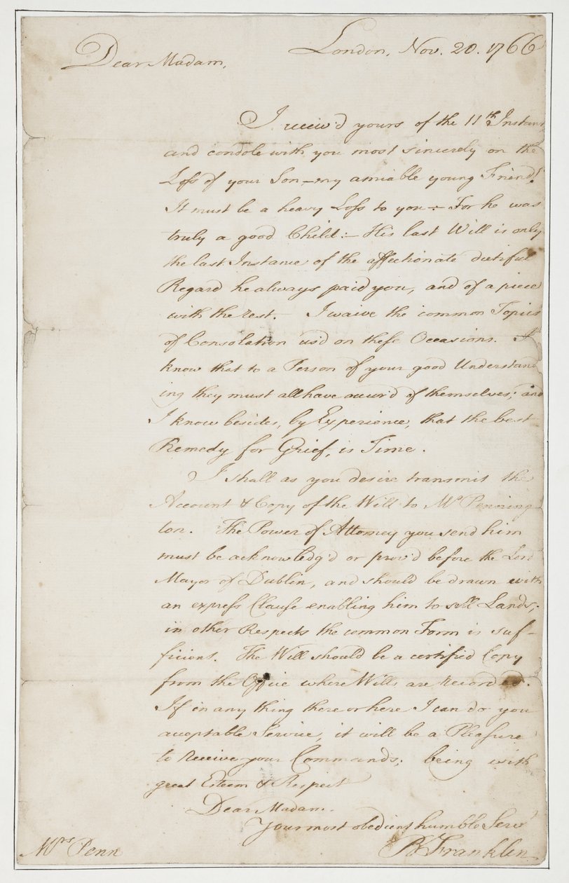 Autografbrev til Mrs. Ann Penn, London, 20. november 1766 (penn og blekk på papir) av Benjamin Franklin