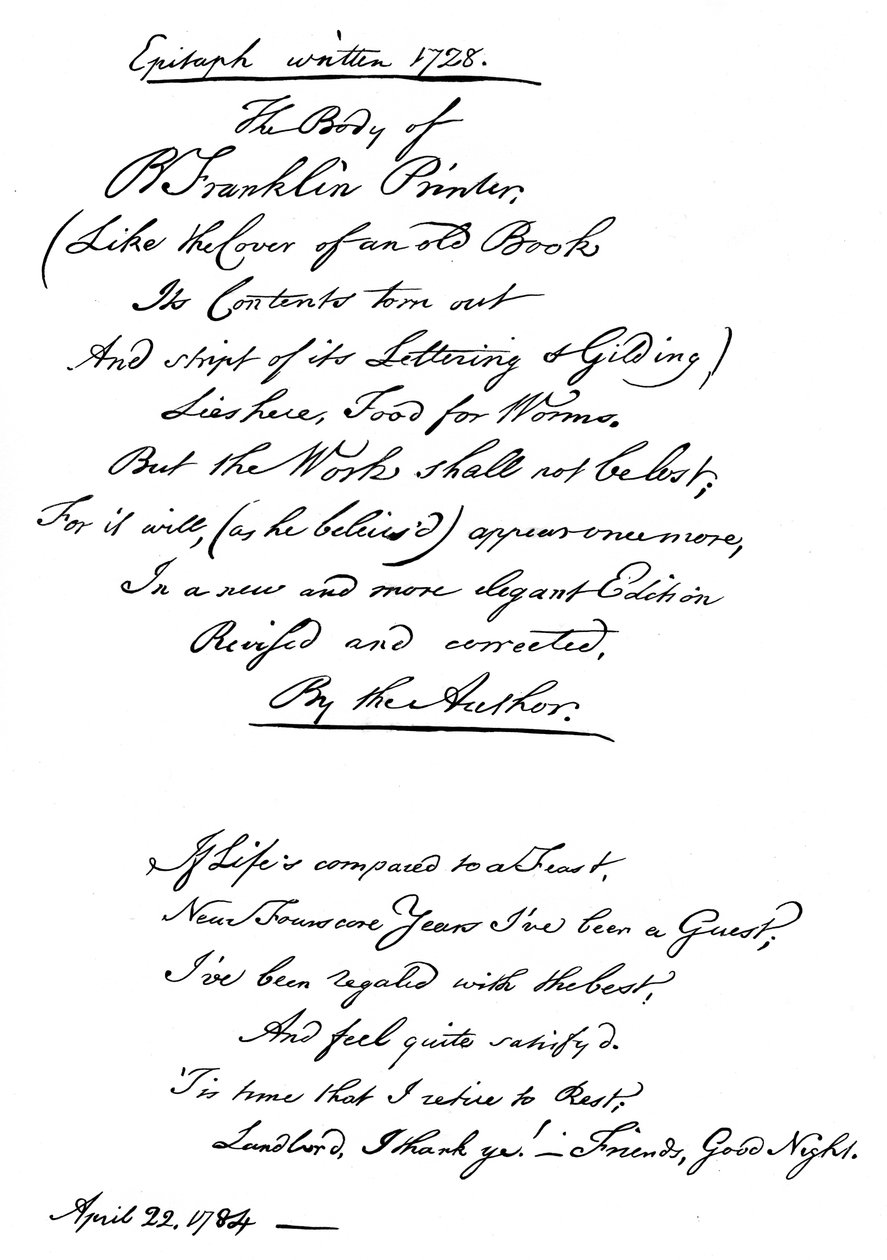Benjamin Franklins gravskrift, skrevet av ham selv, 1728, 1840 av Benjamin Franklin