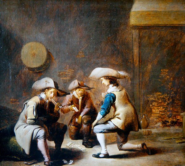 Et vaktrominteriør med soldater som spiller kort (olje på panel) av Benjamin Gerritsz. Cuyp