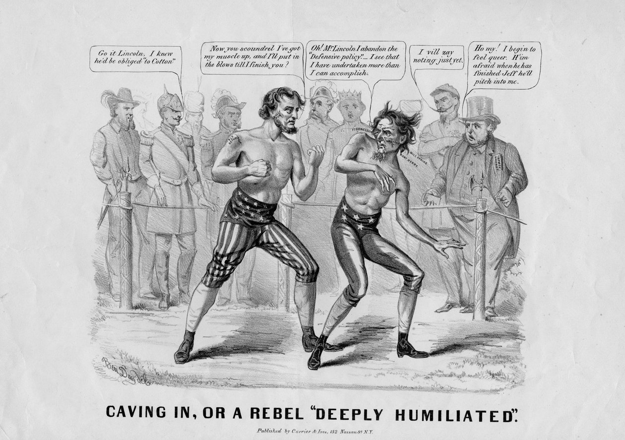 Caving in, eller, En rebell 'dypt ydmyket', utgitt av Currier und Ives, New York, ca. 1864 (litografi) av Benjamin Harris Day