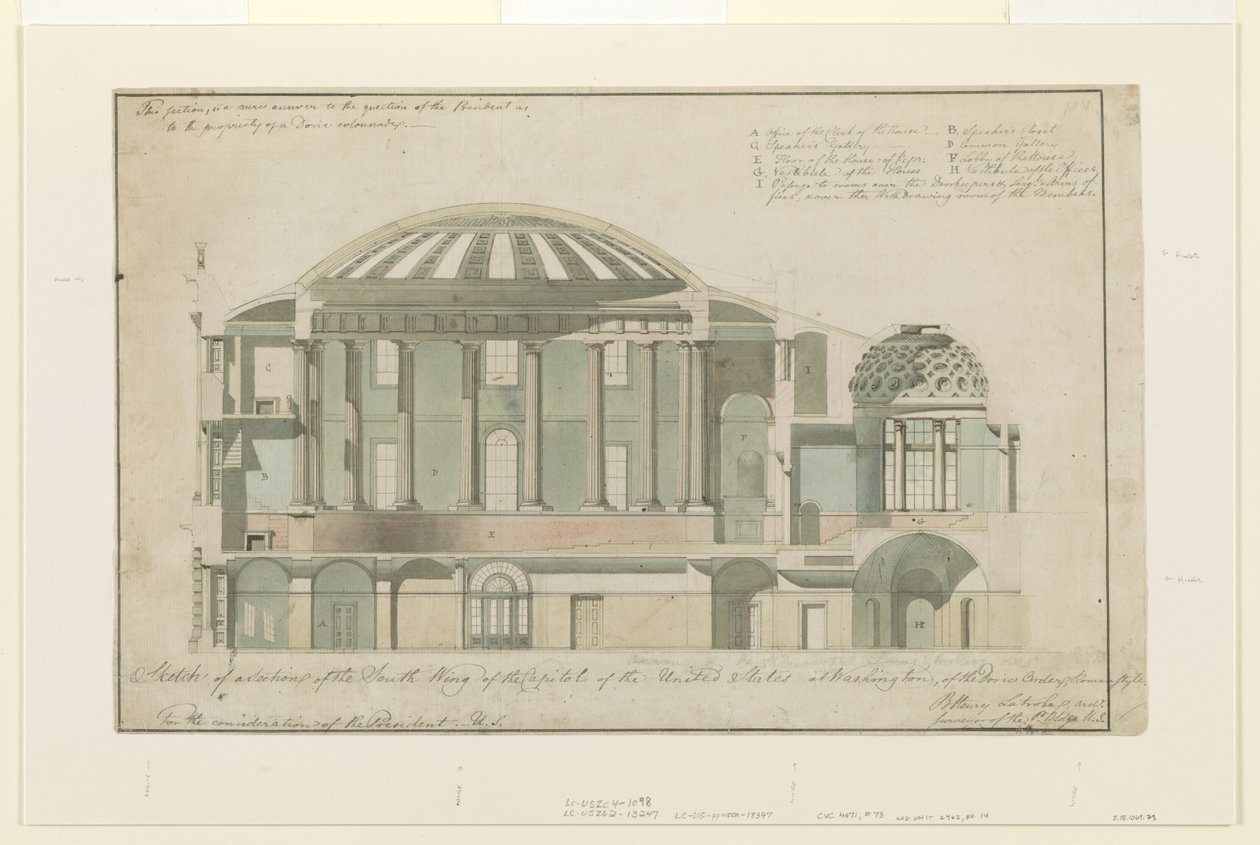 Seksjon av US Capitol South Wing, 1803 (penn og blekk med vask på papir) av Benjamin Henry Latrobe