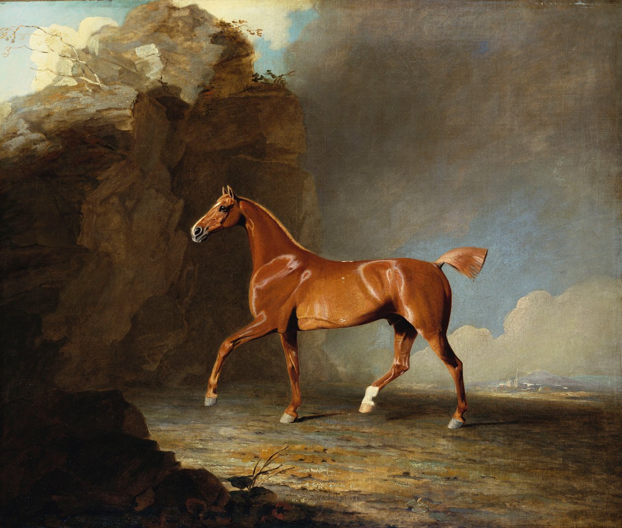 En gylden kastanje veddeløpshest ved en klippeformasjon, 1800 av Benjamin Marshall