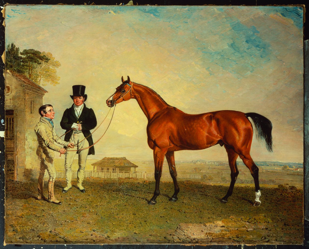 "Skiff", en bukt veddeløpshest holdt av en brudgom på Newmarket Heath, med John Howe, eieren av stallen, ved sin side, 1829 av Benjamin Marshall