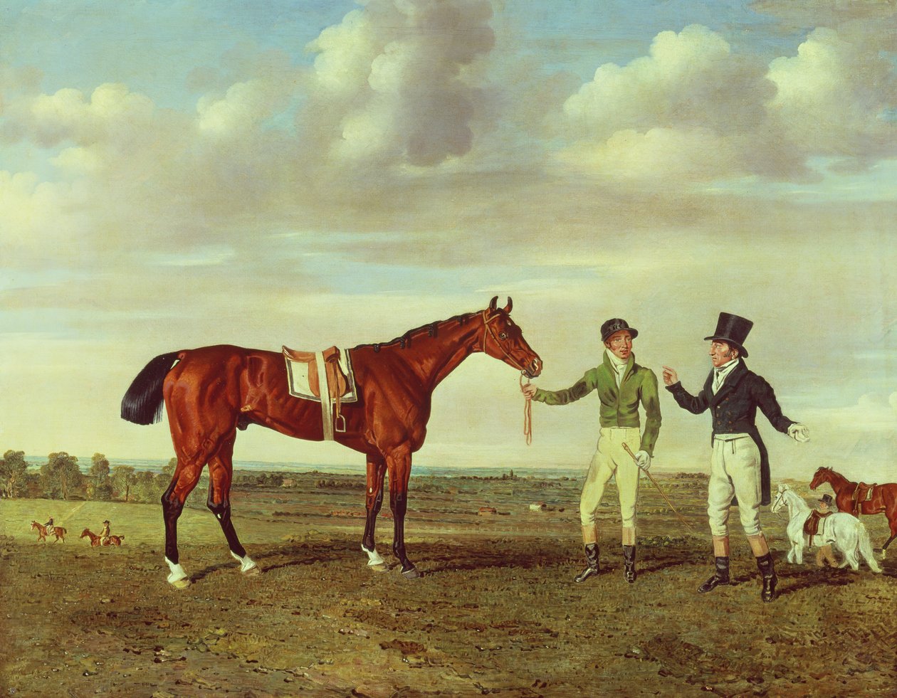 Zinganee holdt av Sam Chifney Junior med eieren Mr. William Chifney, på Newmarket, ca. 1829 av Benjamin Marshall