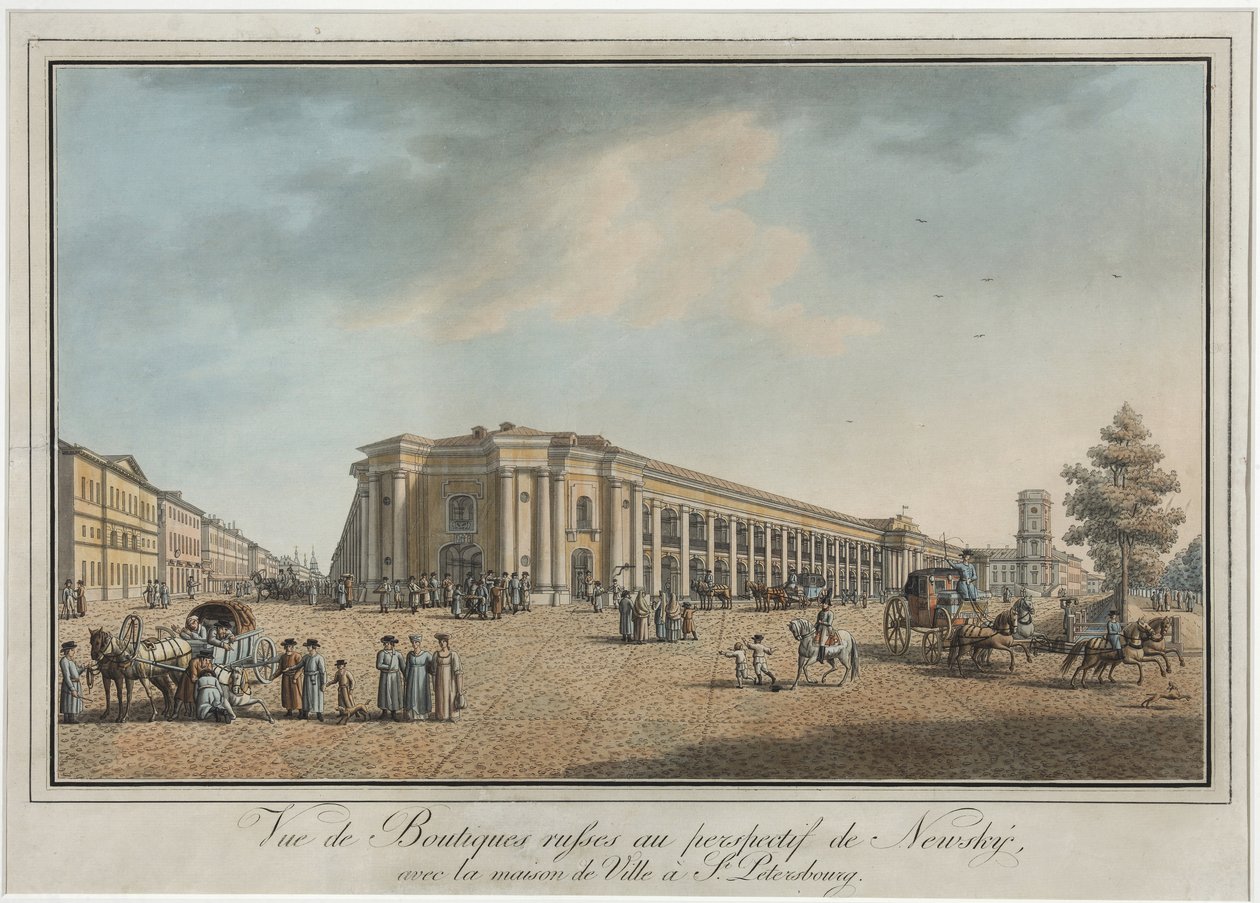 Nevsky Prospekt (perspektiv Nevski) nær Great Gostiny Dvor og City Duma i St. Petersburg - Benjamin Paterssen (1748-1815). Etsning, akvarell, etter 1802. Statens museum for historie i St. Petersburg av Benjamin Patersson