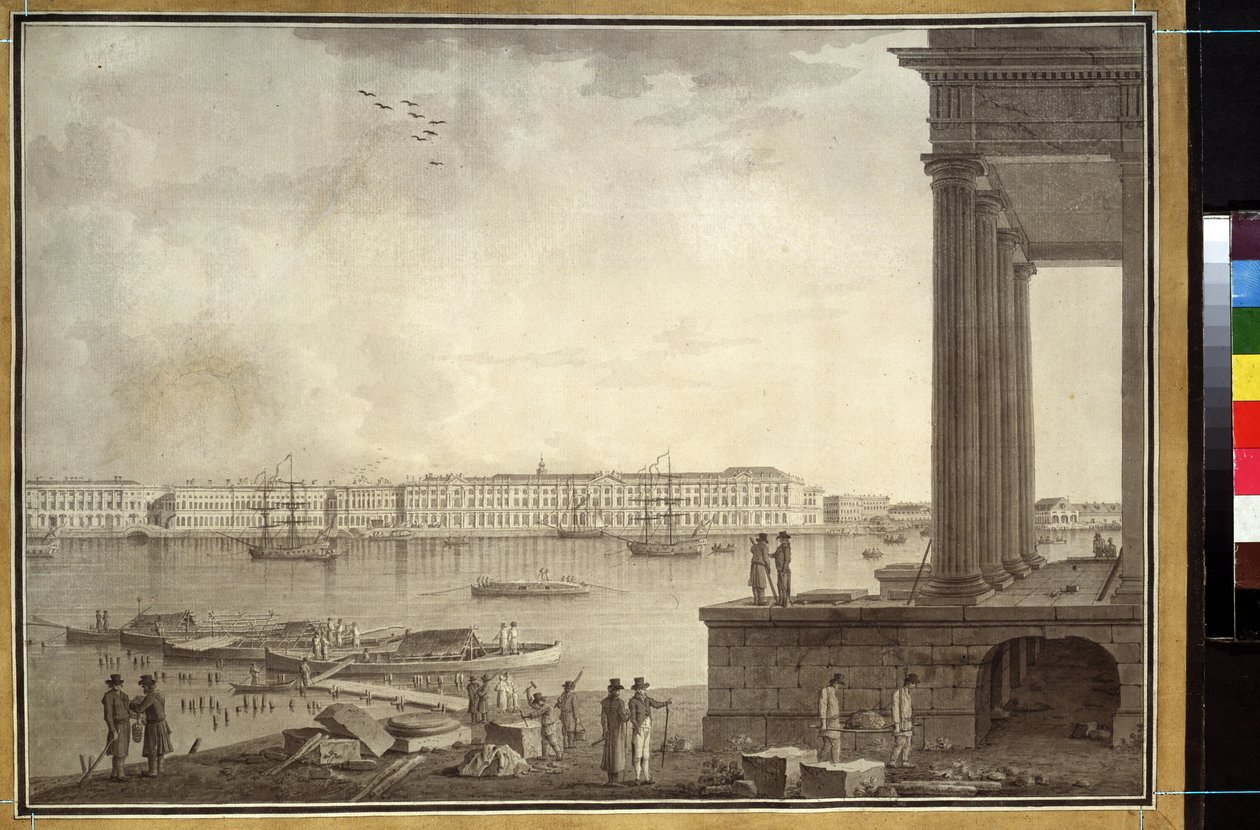 Utsikt over vinterpalasset og børsen i St. Petersburg. Verk av Benjamin Paterssen (1748-1815), blyant og blekk på papir, ca. 1790. Svensk kunst av Benjamin Patersson