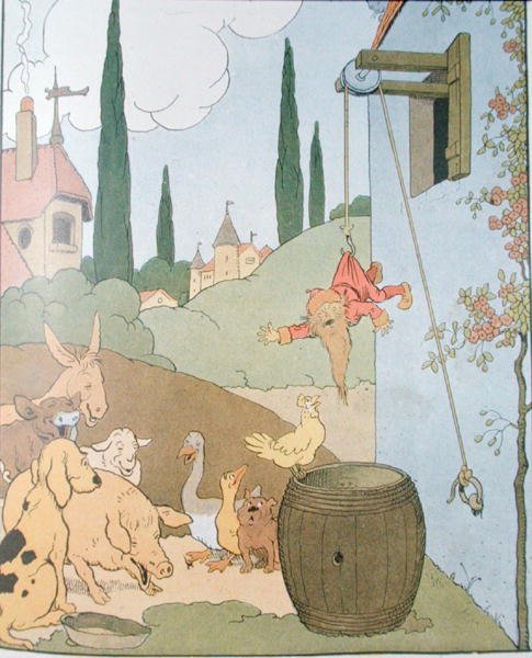 Illustrasjon for albumet 'Gedeon, tyvenes sjef' (fargegravering) av Benjamin Rabier
