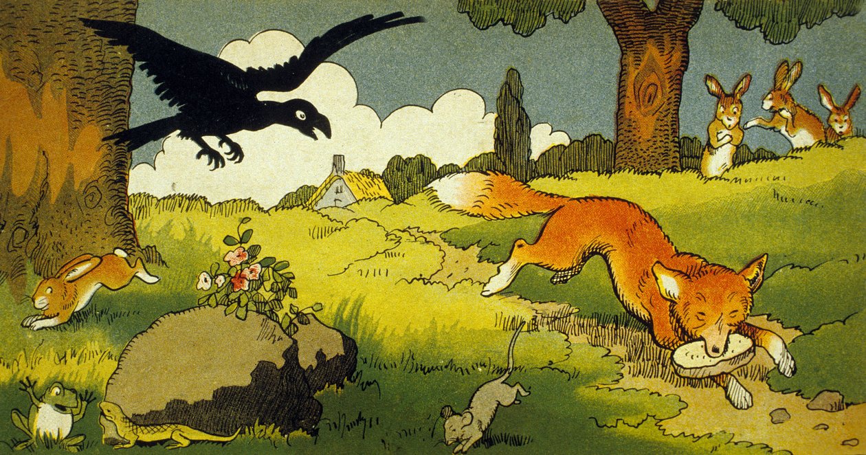 La Fontaines fabel: Kråken og reven (illustrasjon 1949) av Benjamin Rabier