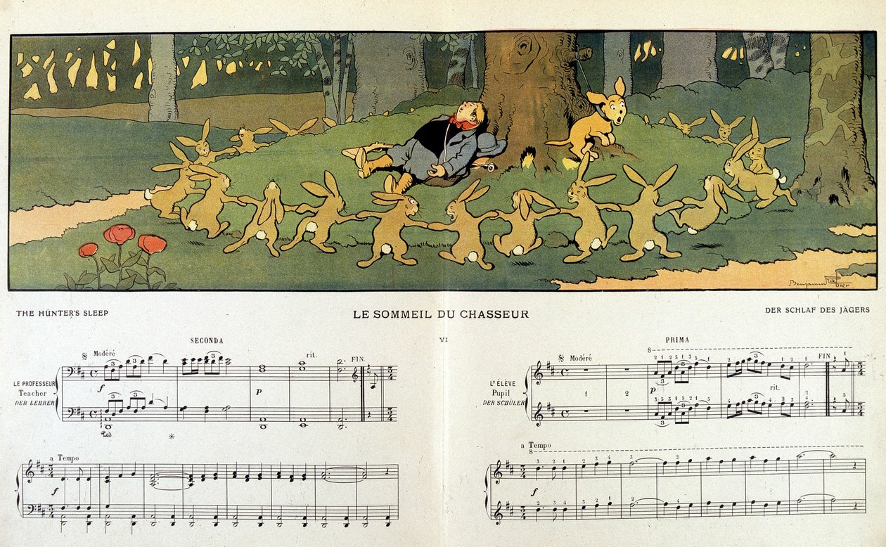 Kaniner som runder rundt en søvnig jeger - i "" Les images en musique"" av Jane Vieu, illustrert av Benjamin Rabier (1864-1939) av Benjamin Rabier