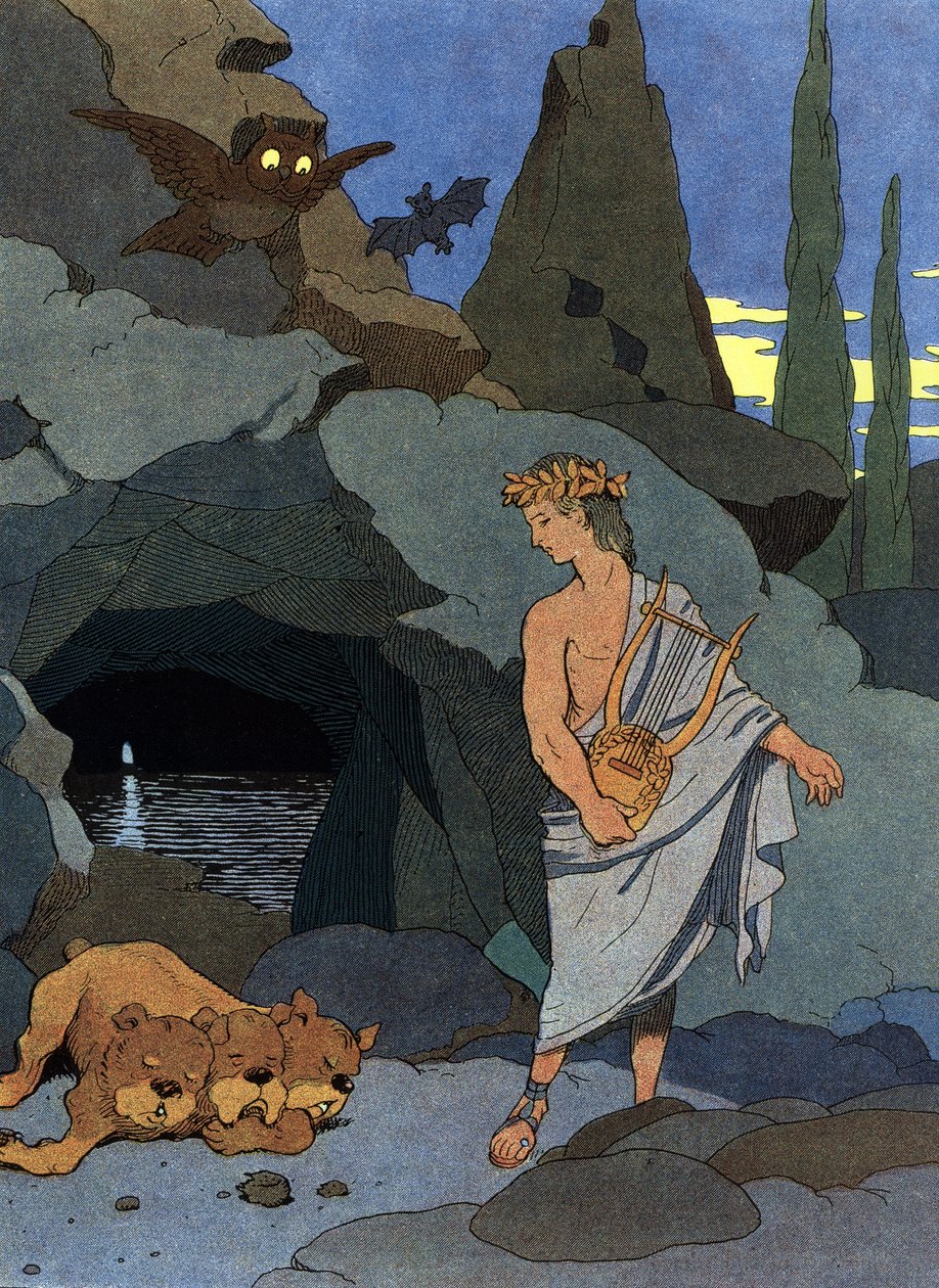 Orfeus og lyren hans sovnet Cerbère hunden med tre hoder av Benjamin Rabier