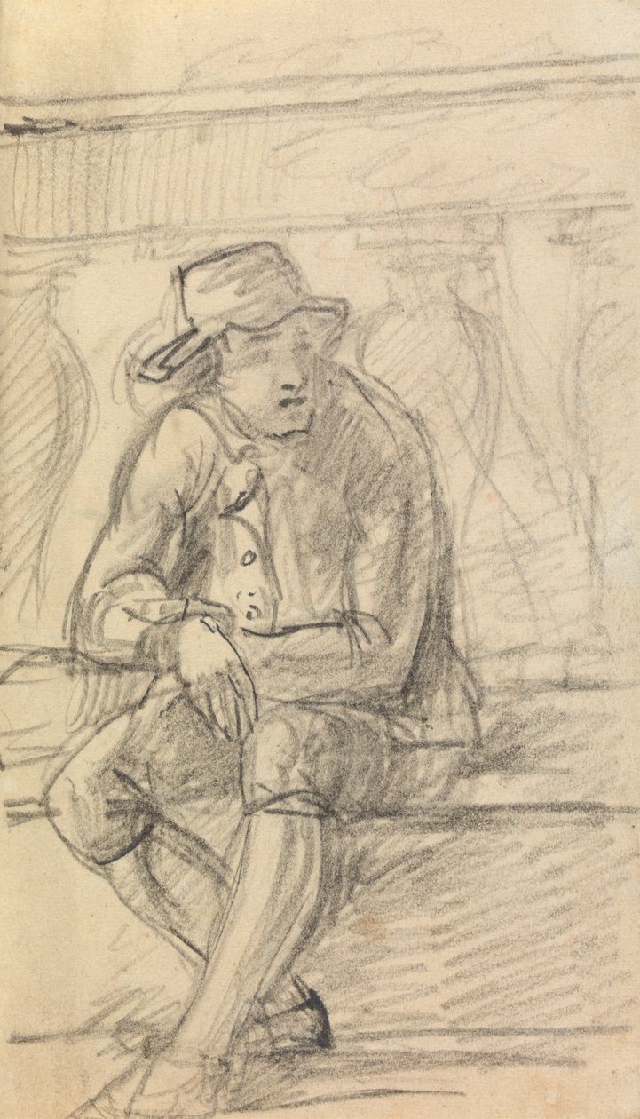 Figurstudie av en ung mann med hatt som sitter ute av Benjamin Robert Haydon