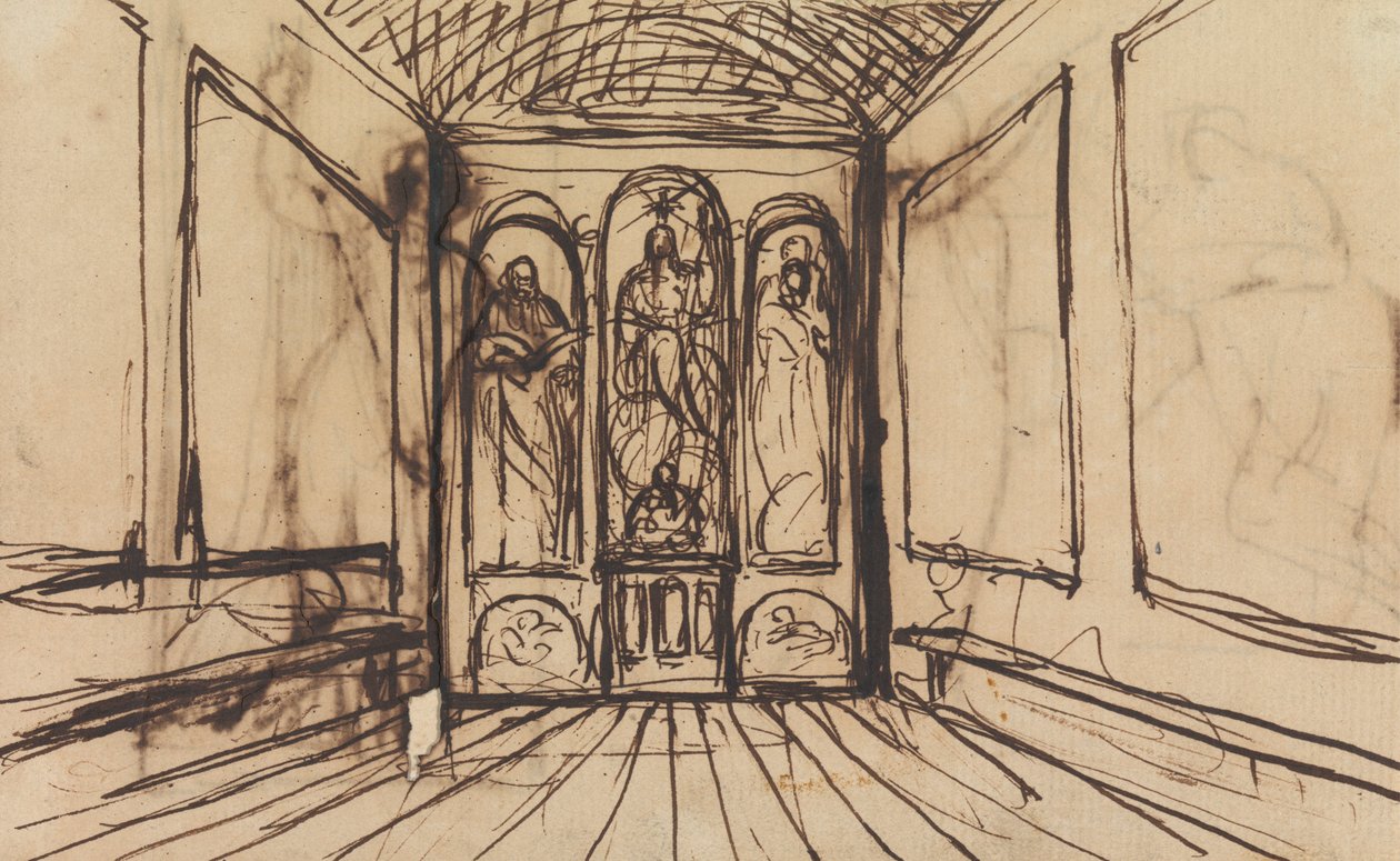Studie av et interiørrom med religiøse bilder på veggpanelene av Benjamin Robert Haydon