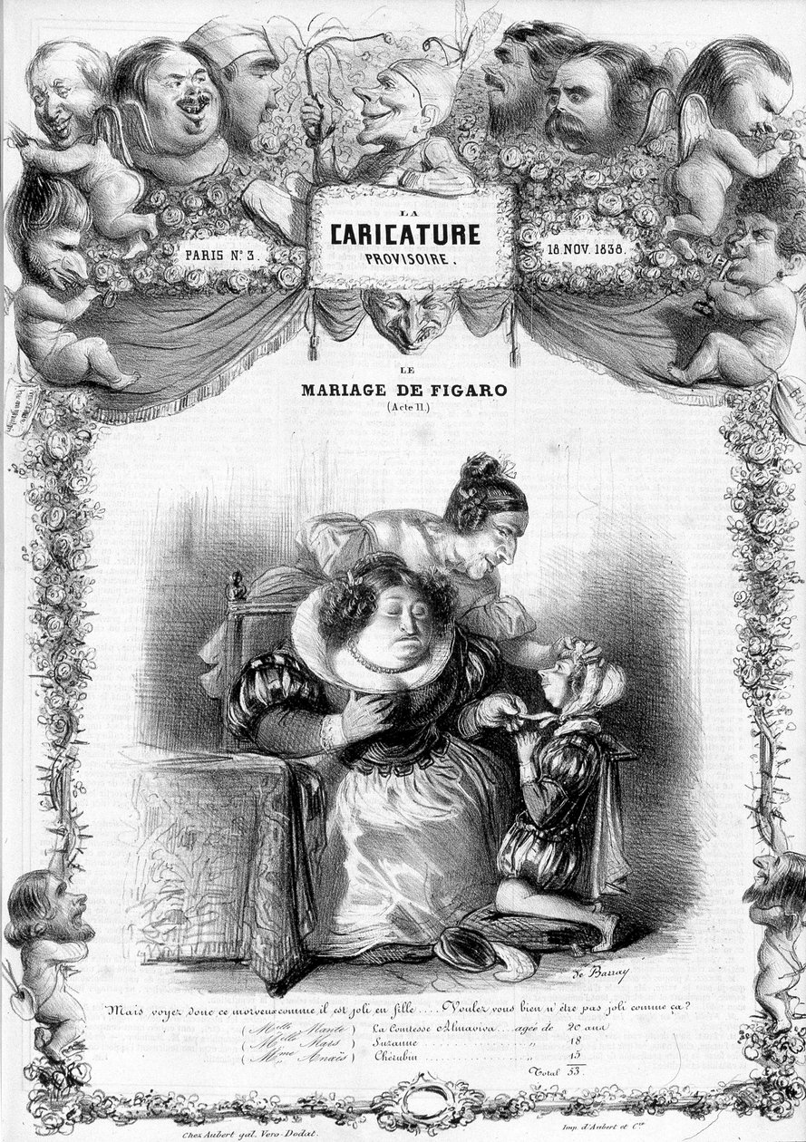 Figaros ekteskap, 11. akt, med karakterene til Suzanne og grevinnen Almaviva: "" _ men se denne snørten hvor pen som en jente... vil du ikke være pen sånn? "" illustrasjon, 1838. av Benjamin Roubaud
