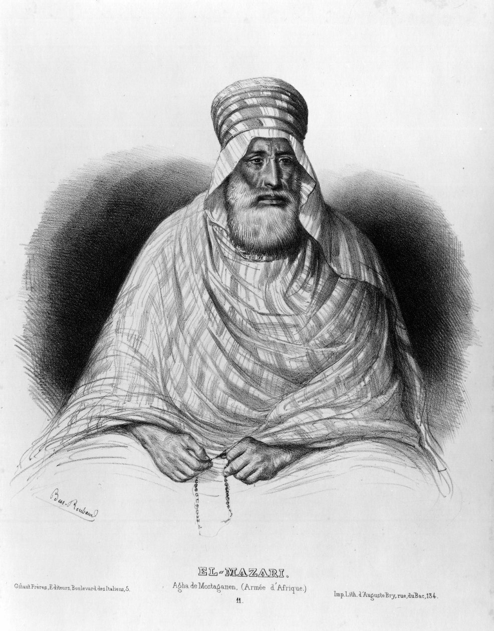 Portrett av El Mazari, Agha de Mostaganen (= Mostaganem) (African Armee) (tegning) av Benjamin Roubaud