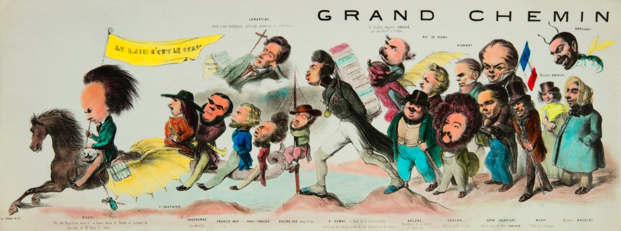 Etterslektens store ridning. (Monte på den romantiske Pegase, Victor Hugo (1802-1885), kongen av Hugolatres, våpen av hans gode blad av Toledo og bærer banneret til Notre-Dame de Paris, tok Theophile Gautier (1811-1872), Bernard Adolphe Granier av Benjamin Roubaud