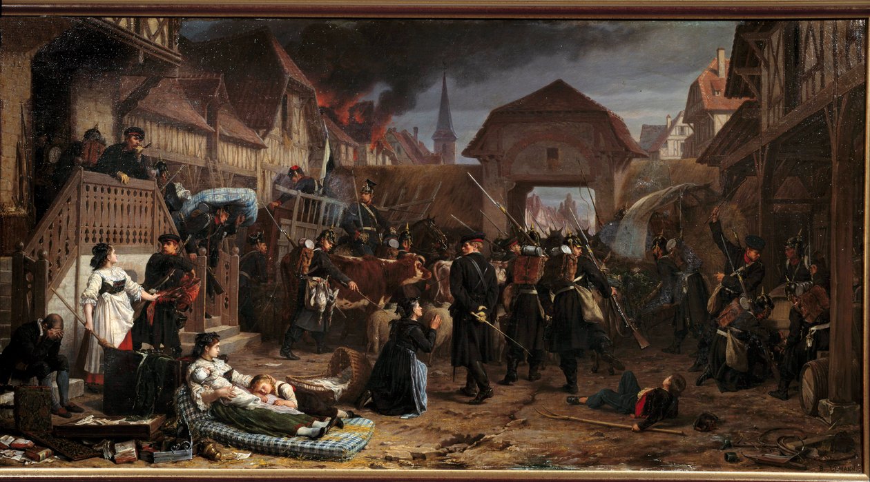 Krigen i 1870: "" Rekvisisjonene ved Reichshoffen"" Slaget ved Froeschwiller Woerth (Froeschwiller-Woerth) (eller slaget ved Reichshoffen) den 06.08.1870 så Preussens seier - Maleri av Benjamin Ullmann (1829-18184) 187 Nancy, Musee historique Lorrai av Benjamin Ullmann