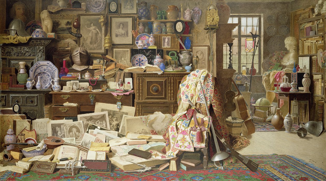 Panser, trykk, bilder, rør, Kina (Alle Crackd) Gamle vakne bord og stoler ødelagte rygger, 1882 (wc med kroppsfarge på papir) av Benjamin Walter Spiers