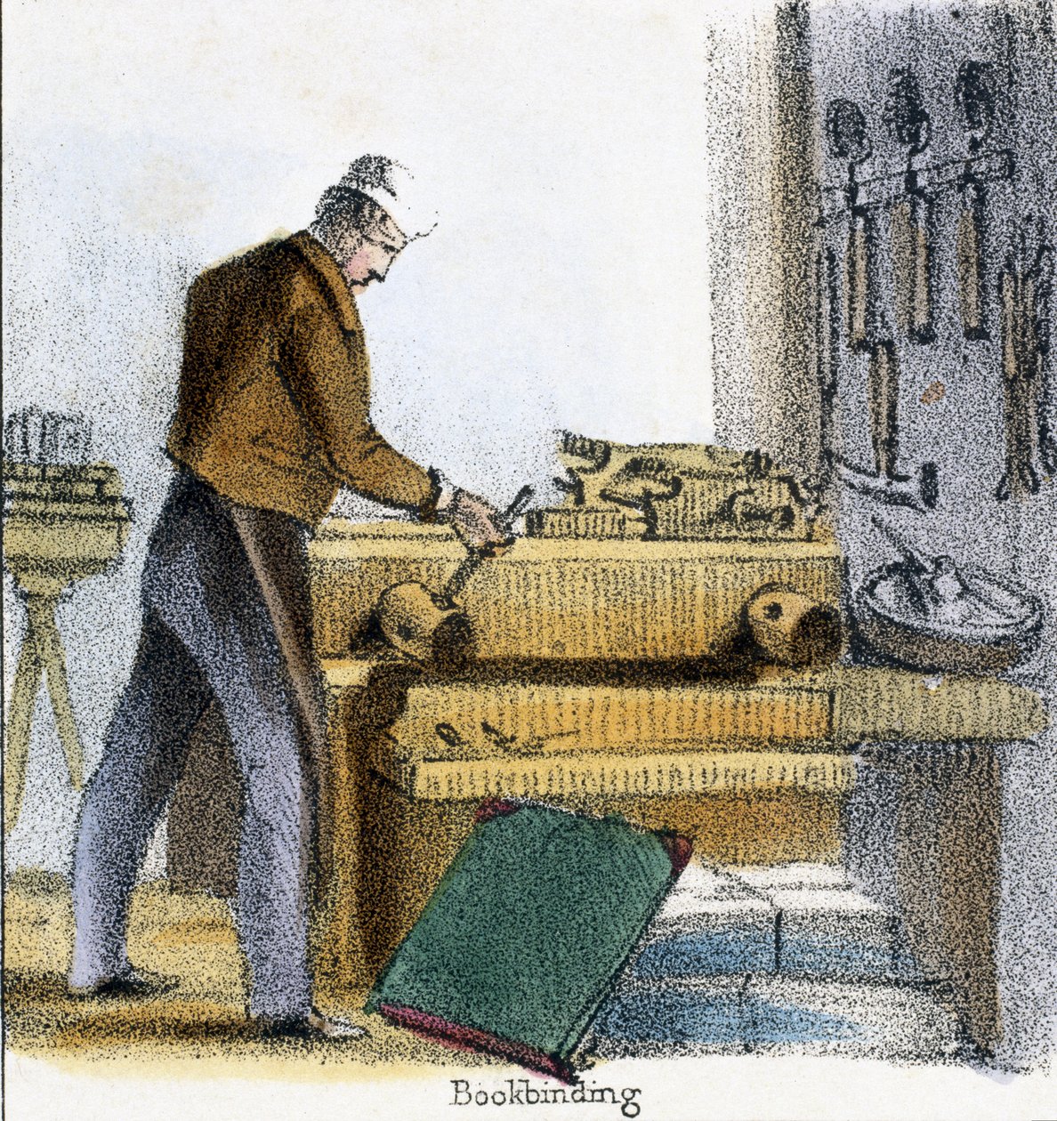 The Bookbinder, fra Gutten, kua og kalven i grafiske illustrasjoner av dyr - viser deres nytte for mennesket i deres ansettelse under livet og bruken etter døden, ca. 1845 av Benjamin Waterhouse Hawkins