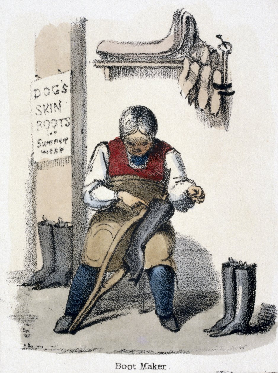 The Boot Maker, fra The Dog in Graphic Illustrations of Animals – Viser deres nytte for mennesker i deres ansettelse under livet og bruken etter døden, ca. 1845 av Benjamin Waterhouse Hawkins