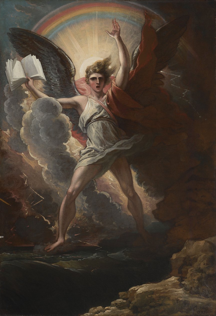 En mektig engel står på land og på havet av Benjamin West