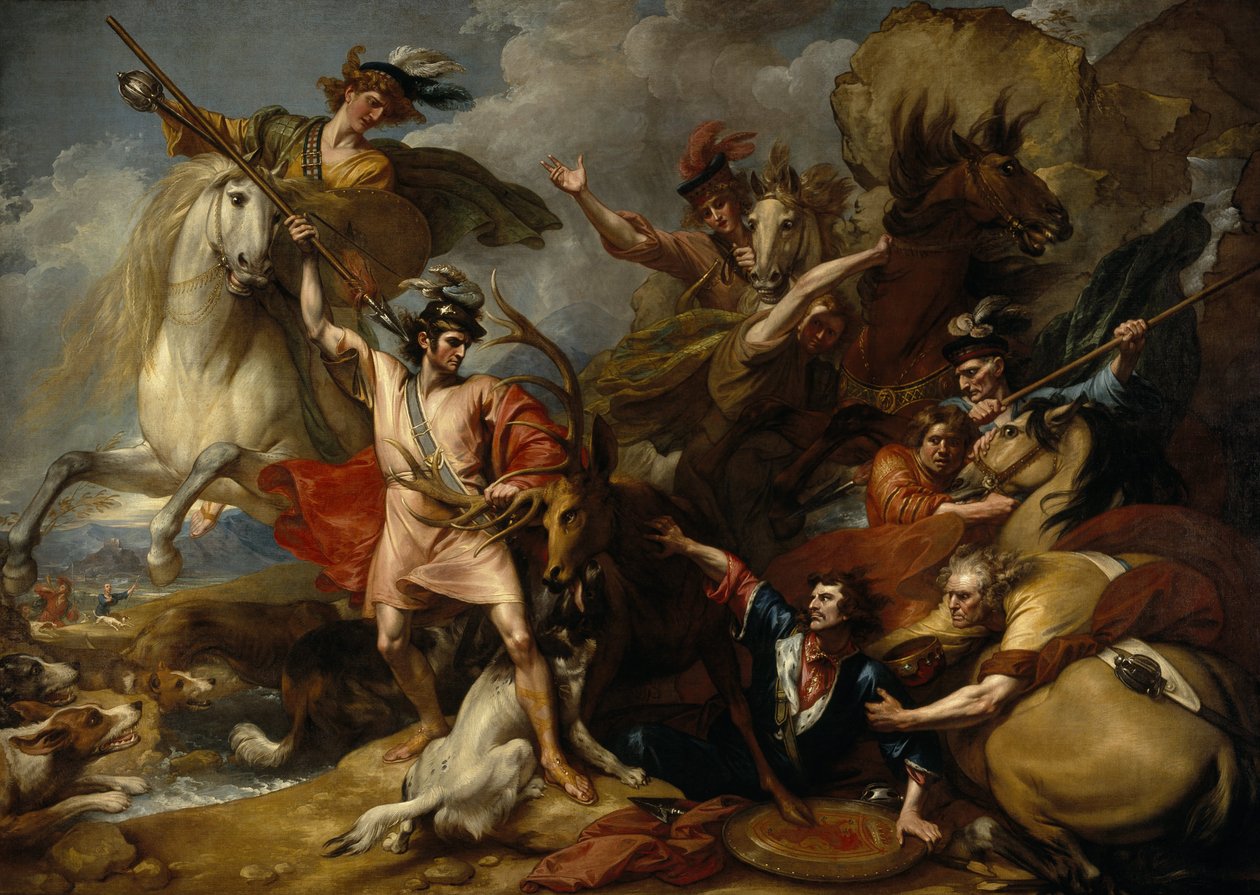 Alexander III av Skottland reddet fra en hjorts raseri ved Colin Fitzgeralds fryktløshet («Hjortens død») av Benjamin West