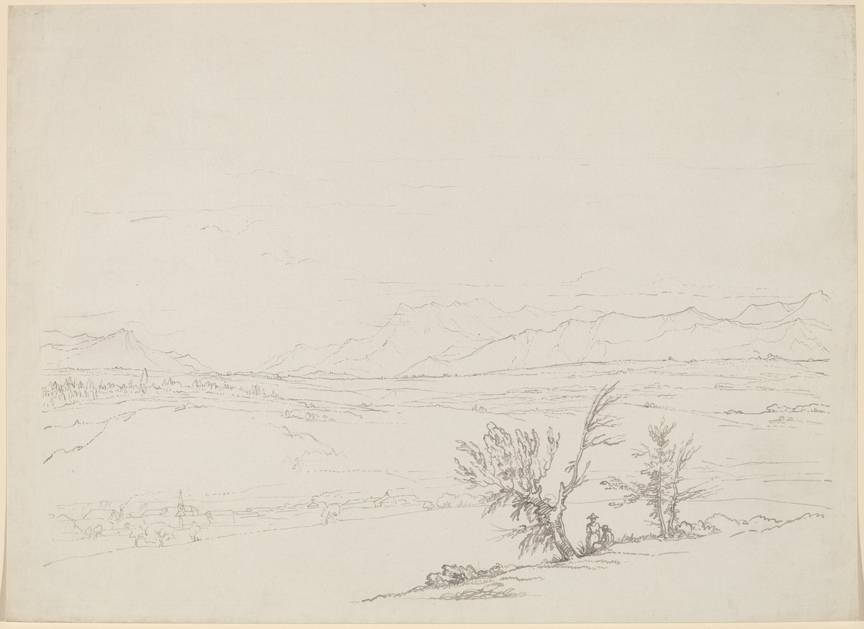 Et alpint landskap med et par som sitter ved trær med utsikt over en dal av Benjamin West