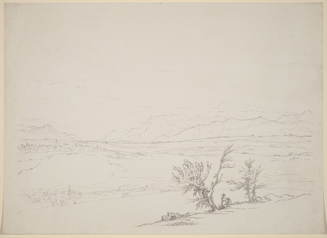 Et alpint landskap med et par sittende ved trær med utsikt over en dal av Benjamin West