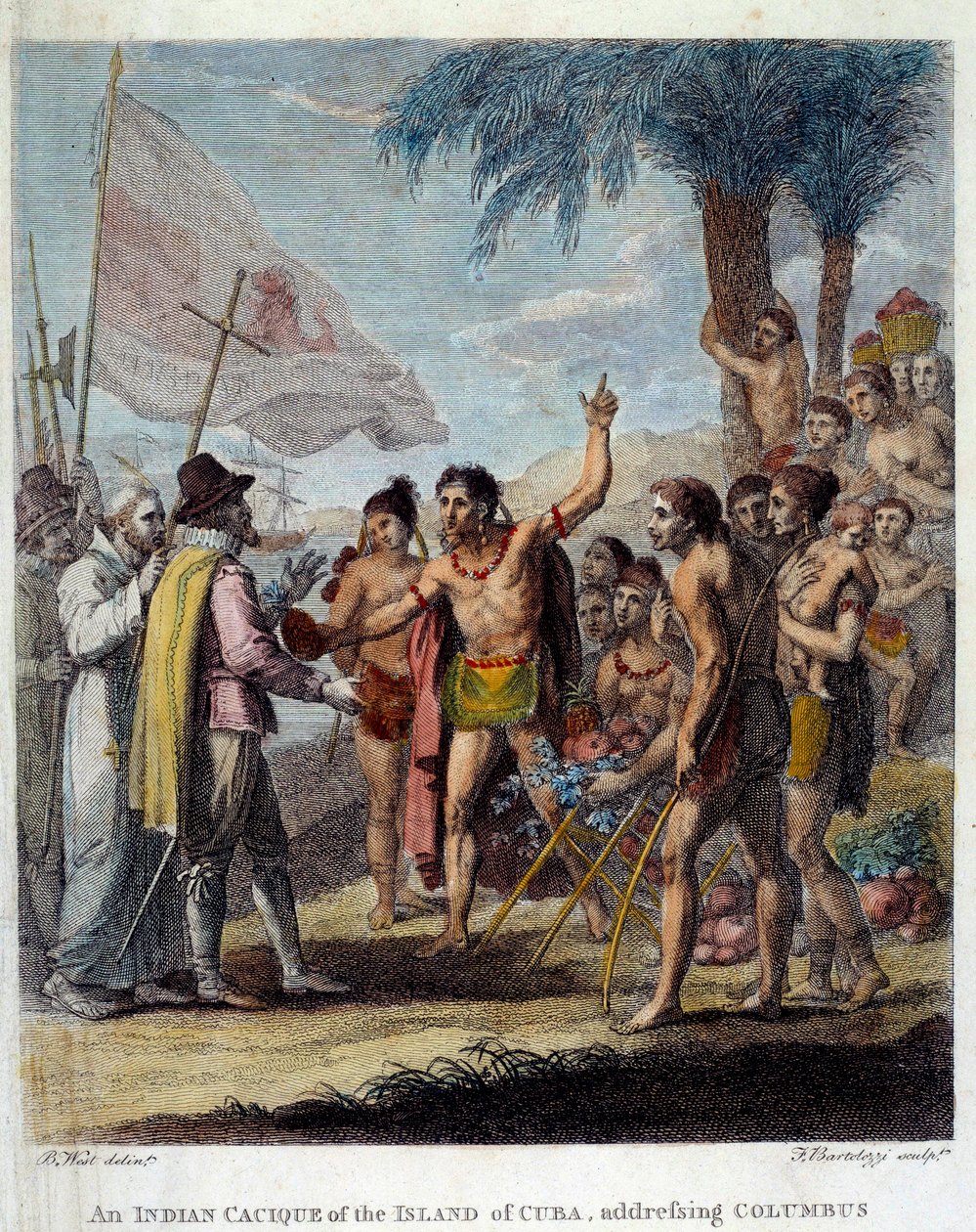 En indisk Cacique fra øya Cuba ønsker Christopher Columbus (1451-1506) og europeiske militære og kirkelige representanter velkommen for å diskutere opprettelsen av en ny stat. Frontispice av "Sivil og kommersiell historie til de britiske koloniene i W av Benjamin West