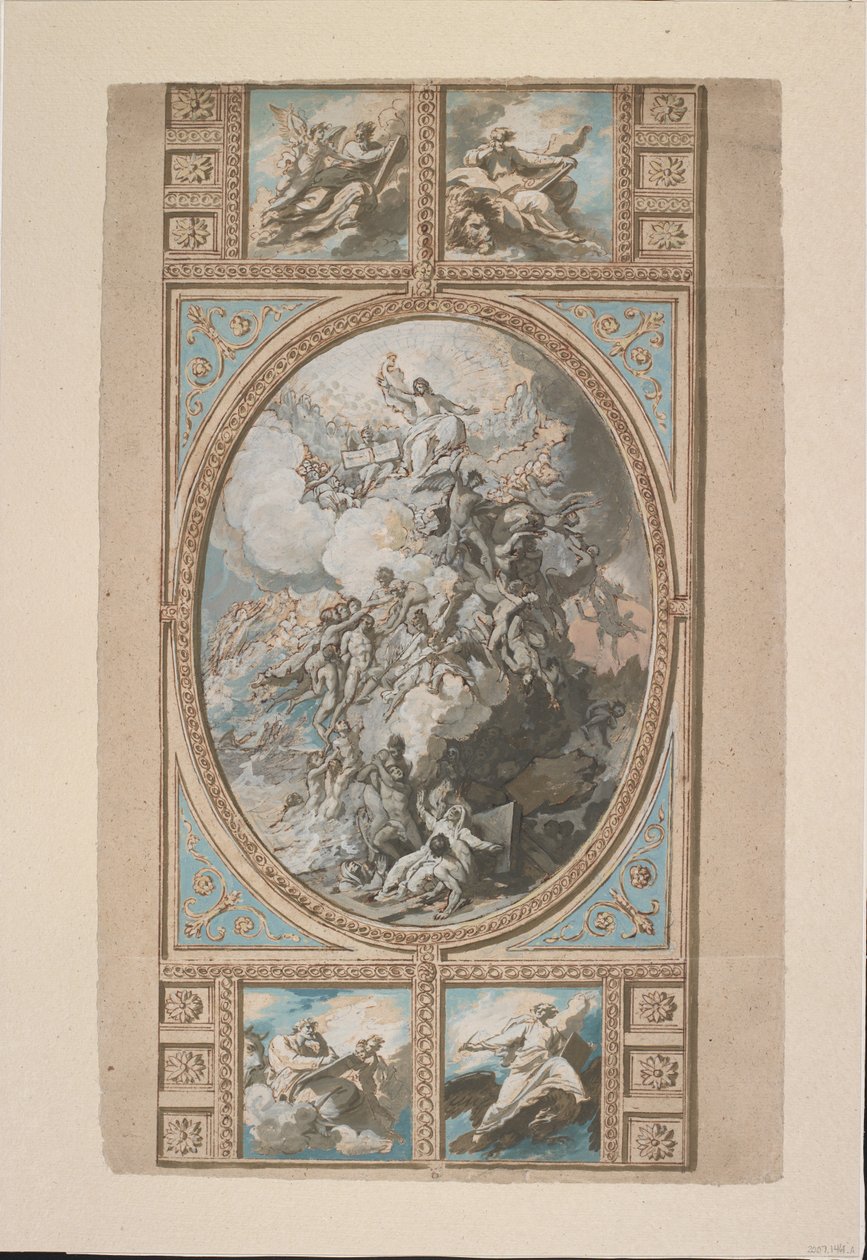 Design for takdekorasjonen til Royal Chapel, Windsor Castle (recto), ca. 1779 (svart kritt, penn og brunt blekk og akvarell, forsterket med innslag av hvit, grå og blå kroppsfarge og brun vask av Benjamin West